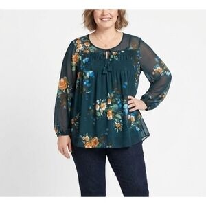 Life Style size XL Teal Floral Tie Front Smocked Chiffon Sheer Feminine Blouse